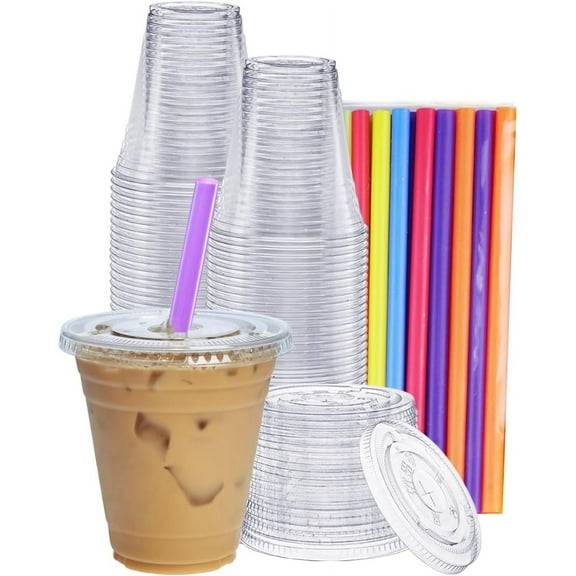 GUSTO 12 oz Clear Plastic Cups with Flat Lids & Straws for Coffee, Slushie, Milkshakes, 100-Pack