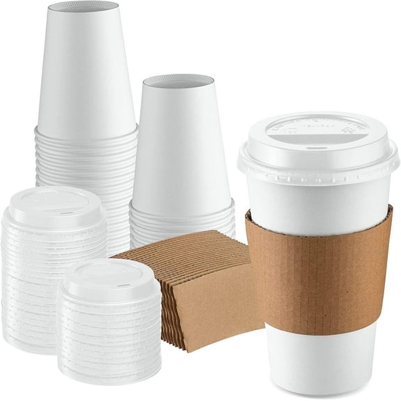 GUSTO 12 oz Disposable Coffee Cups with Lids & Coffee Sleeves Paper Cups, 50-Pack