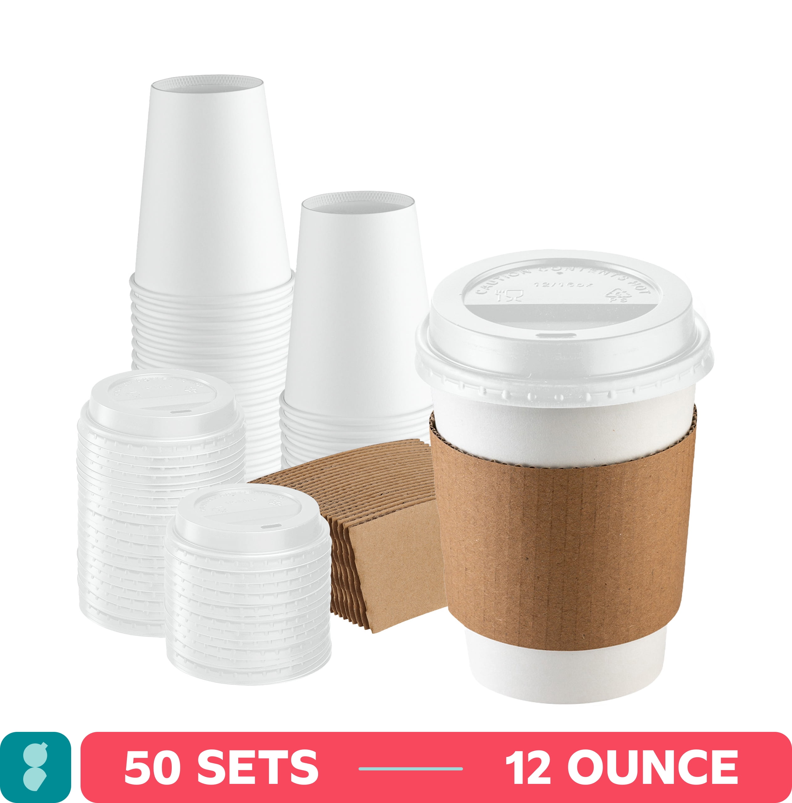 GUSTO 12 oz Disposable Coffee Cups with Lids & Coffee Sleeves Paper Cups,  50-Pack