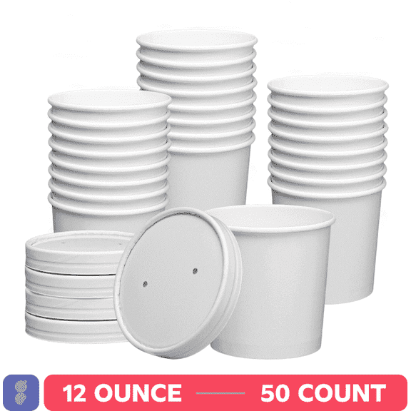 GUSTO 12 oz Food Containers Disposable Ice Cream & Soup Cups with Lids, 50-Pack