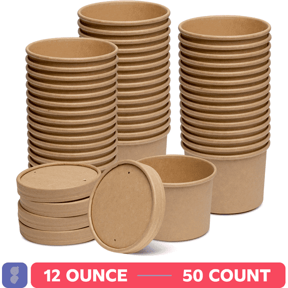 GUSTO 12 oz Kraft Food Containers Disposable Ice Cream Cups with Lids, 50-Pack
