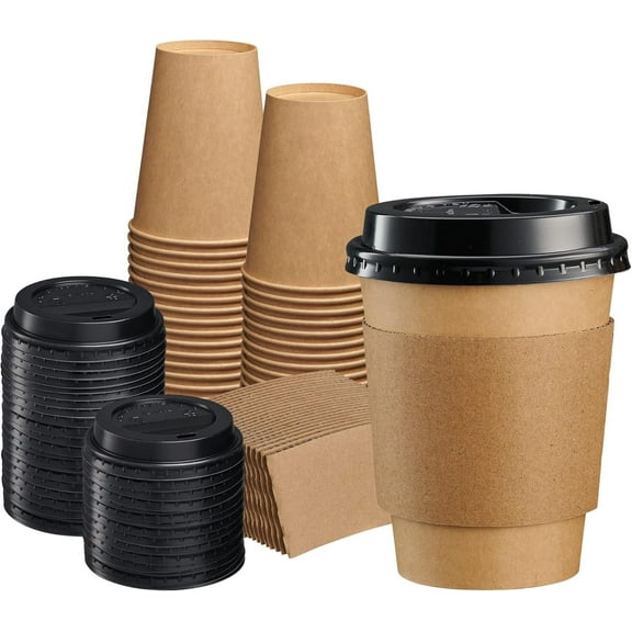 GUSTO 12 Oz Kraft Paper Coffee Cups with Black Lids & Coffee Sleeves, 50-Pack