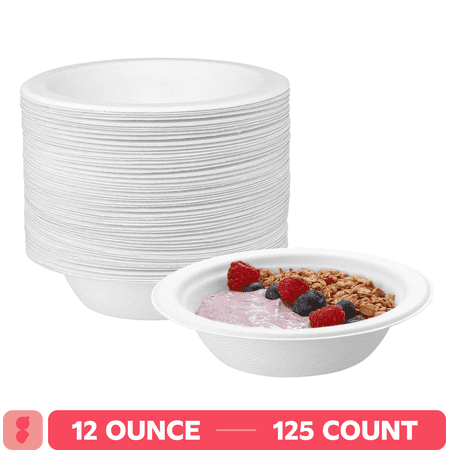 GUSTO 12 Oz Paper Bowls Disposable Heavy Duty Compostable Bowls, White 125-Pack