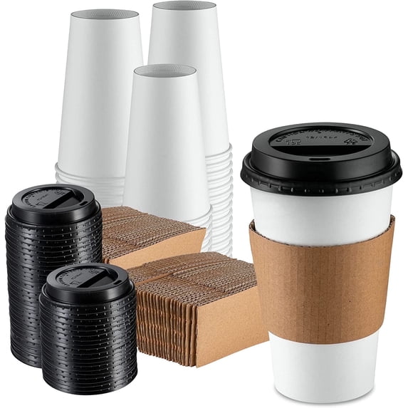 GUSTO 12 oz White Disposable Coffee Cups with Lids & Sleeves, Paper Hot Cups for Coffee & Tea, To Go Cups, 100 Count