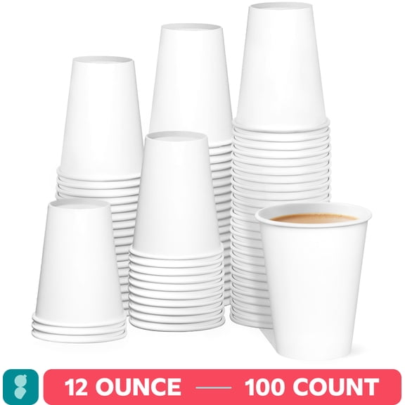 GUSTO 12 oz White Paper Coffee Cups, Disposable Hot Cups for Coffee & Tea, To Go Cups, 100 Count