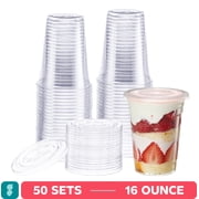 GUSTO 16 oz Clear Plastic Cups with Flat Lids (No Hole), Disposable Cups for Desserts, Fruit Cups, & Snacks, 50 Count