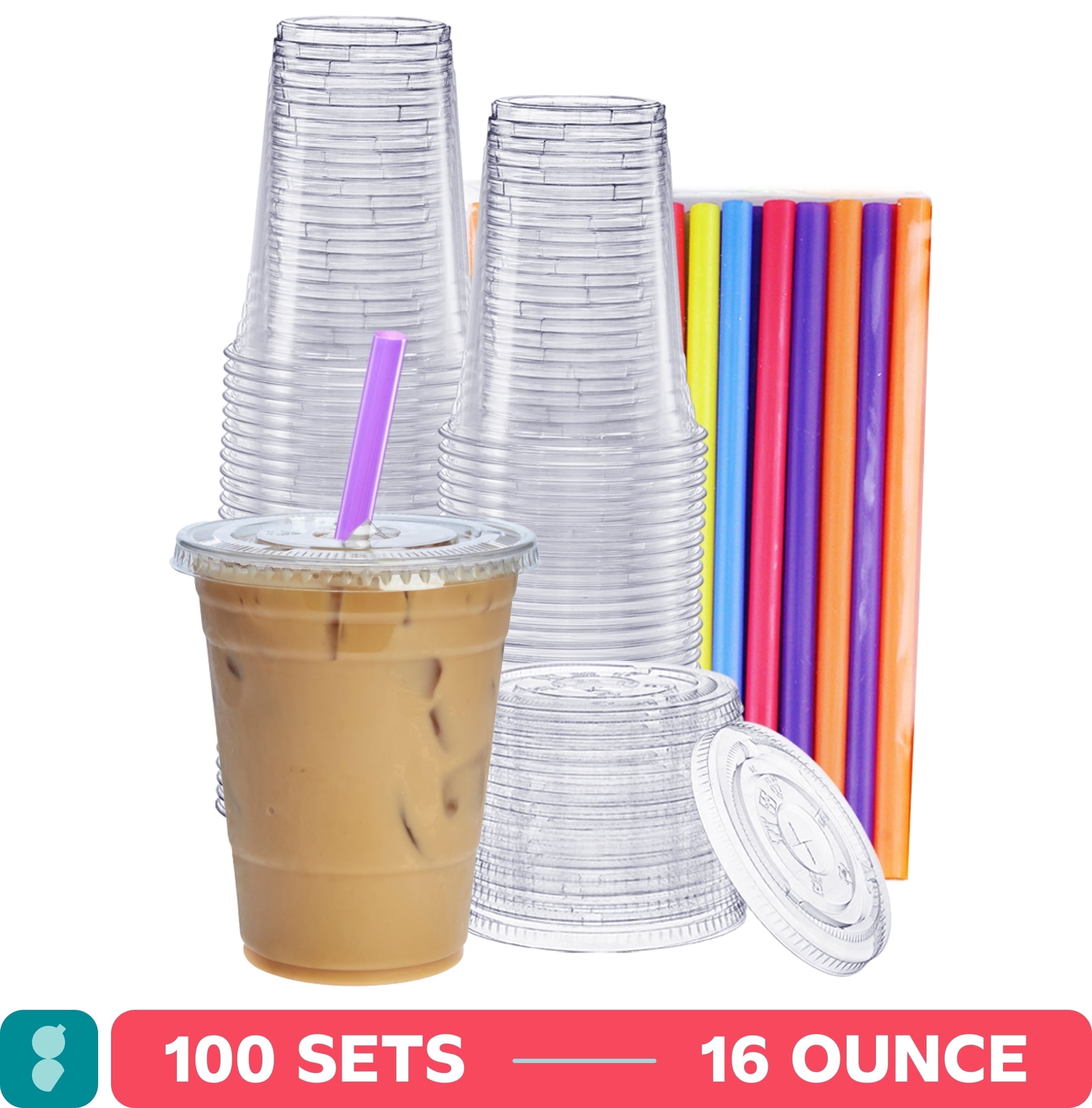 GUSTO 16 oz Clear Plastic Cups, Airtight Flat Lids, Assorted Jumbo Straws,  100-Pack - Walmart.com