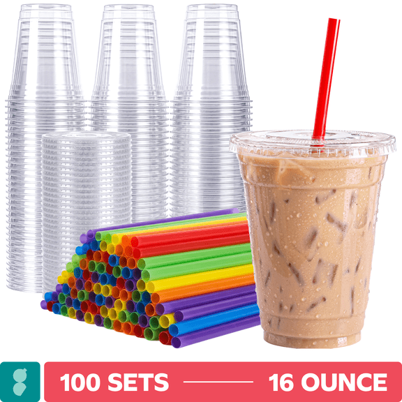 GUSTO 16 oz Clear Plastic Cups with Flat Lids & Straws, Disposable Drinking Cups for Iced Coffee, Milkshakes, & Smoothies, 100 Count