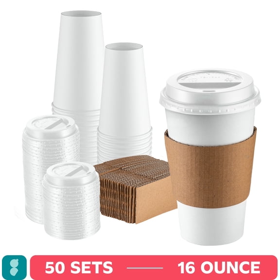 GUSTO 16 oz White Disposable Coffee Cups with Lids & Sleeves, Paper Hot Cups for Coffee & Tea, To Go Cups, 50 Count