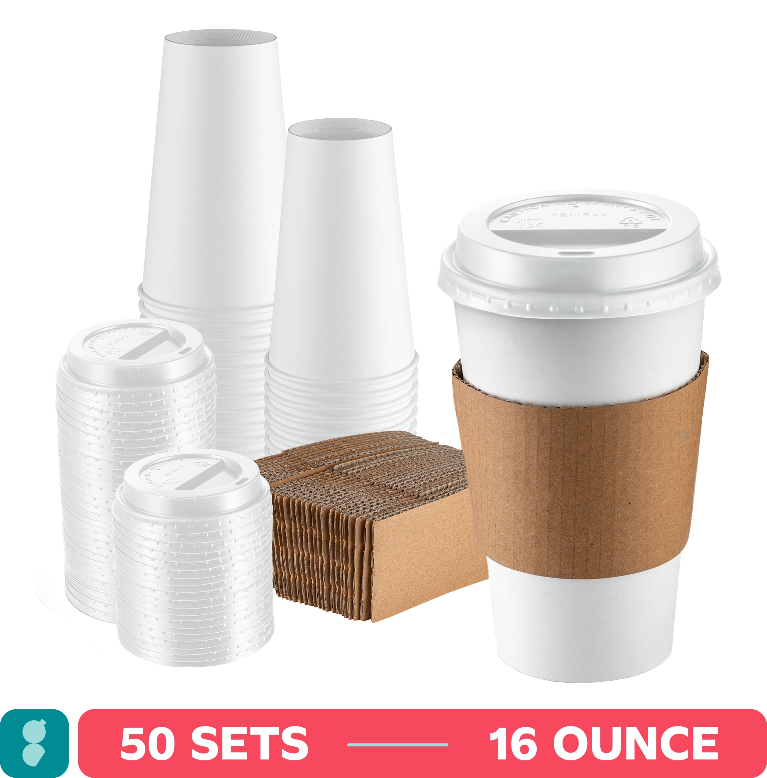 GUSTO 16 Oz Disposable Coffee Cups with Lids & Coffee Sleeves Paper Cups,  50-Pack