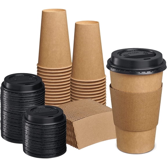 GUSTO 16 Oz Disposable Kraft Paper Coffee Cups with Lids and Sleeves, To Go Hot Cups, 50 Count