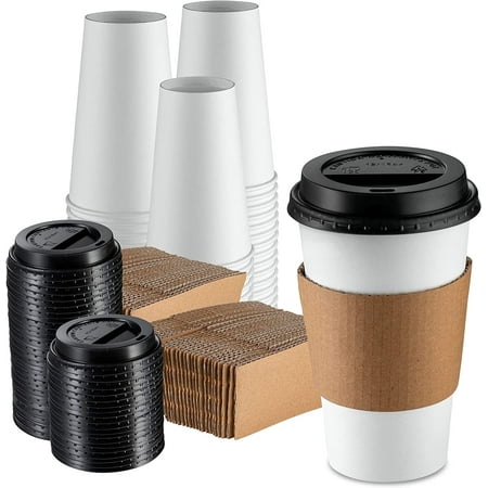 GUSTO 16 Oz Paper Cups Disposable Coffee Cups with Lids & Coffee Sleeves, 100 Sets