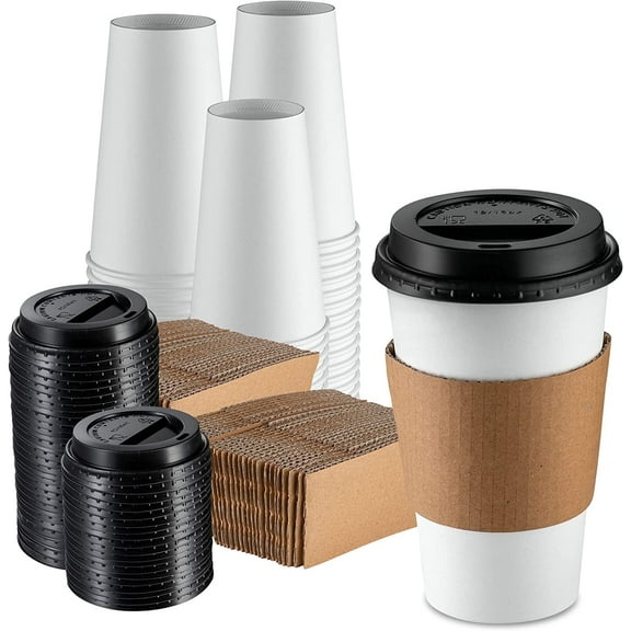 GUSTO 16 oz Paper Cups Disposable Coffee Cups with Lids & Coffee Sleeves, 100 Sets