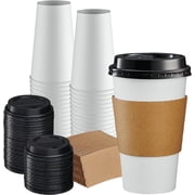 GUSTO 16 oz White Disposable Coffee Cups with Lids & Sleeves, Paper Hot Cups for Coffee & Tea, To Go Cups, 50 Count