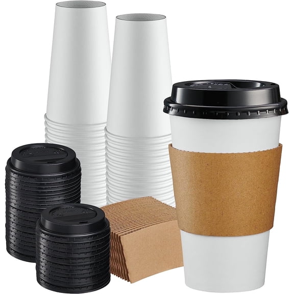 GUSTO 16 oz White Disposable Coffee Cups with Lids & Sleeves, Paper Hot Cups for Coffee & Tea, To Go Cups, 50 Count