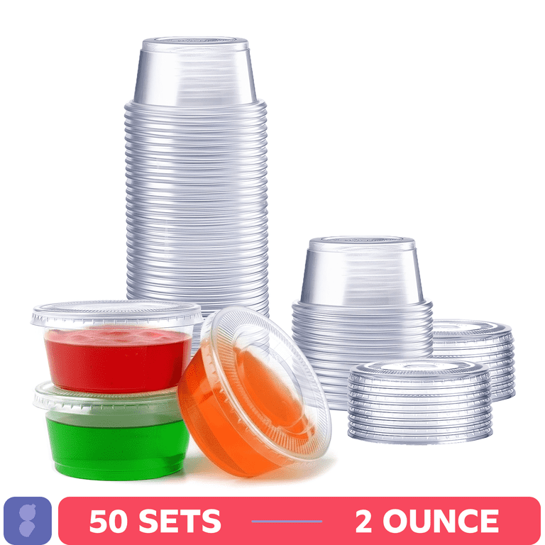 GUSTO 5.5 oz Jello Shot Cups with Lids, 50 Sets Clear Plastic Condiment  Cups for Sauces, Dips, Snacks & Food Samples