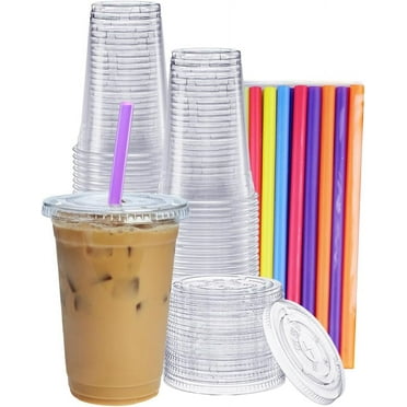 GUSTO 20 Oz Clear Plastic Cups with Flat Lids & Straws for Coffee, Slushie, Milkshakes, 100-Pack