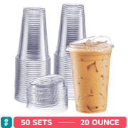 GUSTO 20 oz Crystal Clear Plastic Cups with Strawless Sip Lids, Disposable Drinking Cups for Iced Coffee, 50 Count