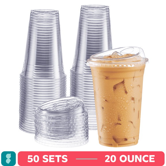 GUSTO 20 oz Crystal Clear Plastic Cups with Strawless Sip Lids, Disposable Drinking Cups for Iced Coffee, 50 Count