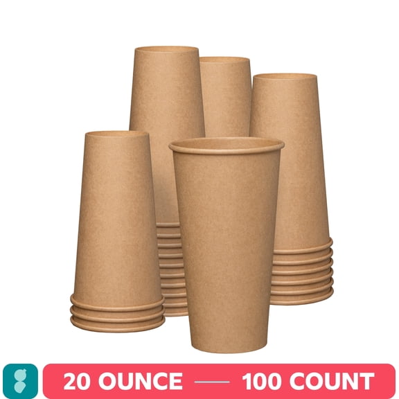GUSTO 20 oz Kraft Paper Coffee Cups, Disposable Unbleached Hot Cups for Coffee & Tea, To Go Cups, 100 Count