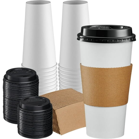 GUSTO 20 Oz Paper Cups Disposable Coffee Cups with Lids & Coffee Sleeves, 50 Sets