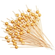GUSTO [200 Count] Cocktail Picks & Food Toothpicks - 4.7 Inch Wooden Pick Skewers for Drinks & Appetizers - Fancy Gold Pearl