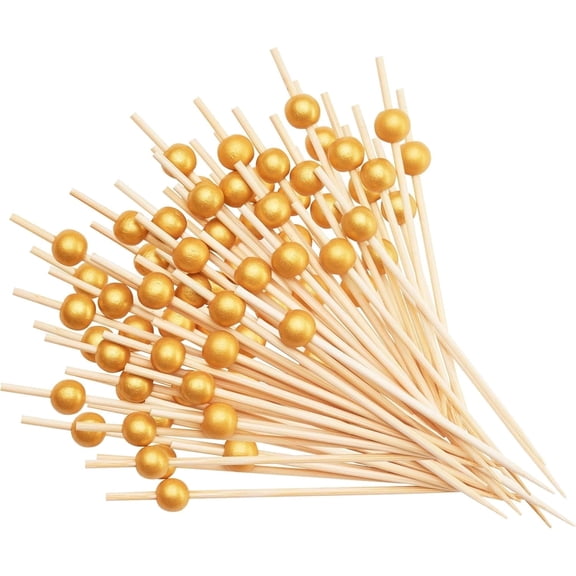 GUSTO [200 Count] Cocktail Picks & Food Toothpicks - 4.7 Inch Wooden Pick Skewers for Drinks & Appetizers - Fancy Gold Pearl