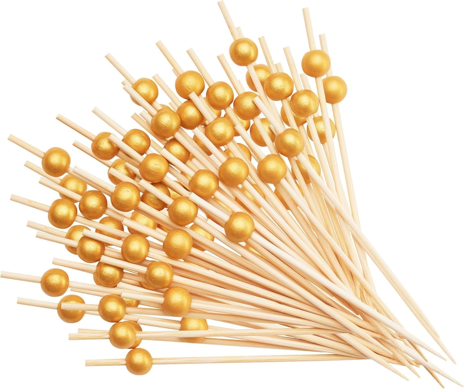 GUSTO [200 Count] Cocktail Picks & Food Toothpicks - 4.7 Inch Wooden Pick Skewers for Drinks & Appetizers - Fancy Gold Pearl