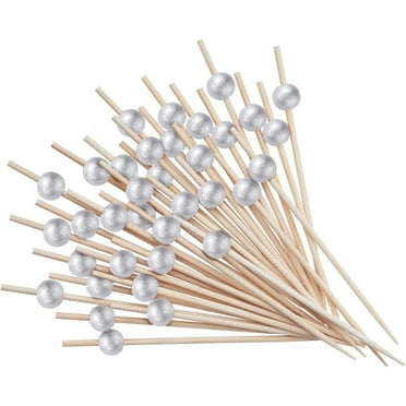 GUSTO [200 Count] Cocktail Picks & Food Toothpicks - 4.7 Inch Wooden Pick Skewers for Drinks & Appetizers - Fancy Silver Pearl