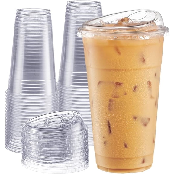 GUSTO 24 oz Clear Plastic Cups with Strawless Sip Lids, Disposable Cold Drink Cups for Smoothies, Iced Coffee and Juices, 100 Count