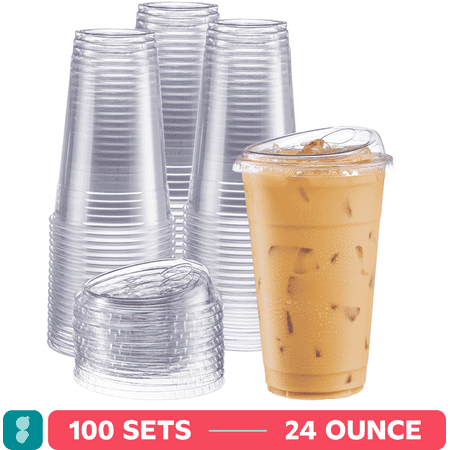 GUSTO 24 oz Crystal Clear Plastic Cups with Strawless Sip Lids, Disposable Drinking Cups for Iced Coffee, 100 Count