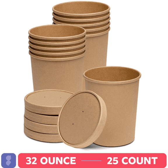 GUSTO 32 Oz Disposable Kraft Food Containers for Ice Cream Cups with Lids, 25 Count