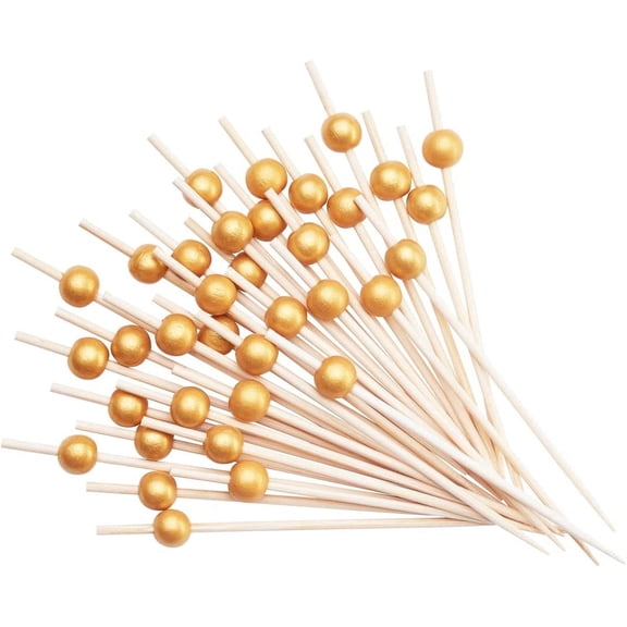 GUSTO 4.7" Gold Pearl Toothpicks Wood Cocktail Picks for Appetizers, 150-Pack