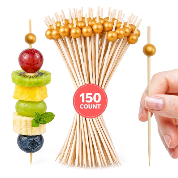 GUSTO 4.7" Gold Pearl Toothpicks Wood Cocktail Picks for Appetizers, 150-Pack