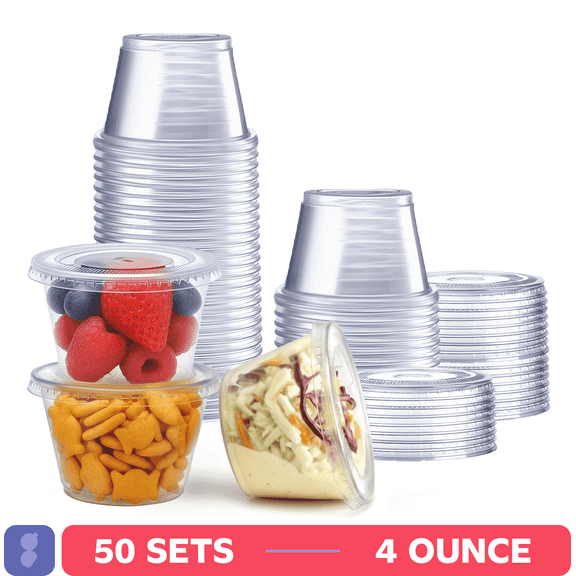 GUSTO 4 oz Jello Shot Cups with Lids, Plastic Portion Cups with Lids, Disposable Condiment Cups and Sauce Containers for Dressings, Dips and Samples, 50 Sets