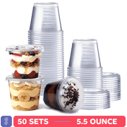GUSTO 5.5 oz Jello Shot Cups with Lids, Plastic Portion Cups with Lids, Disposable Condiment Cups and Sauce Containers for Dressings, Dips and Samples, 50 Sets