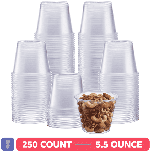 GUSTO 5.5 oz Jello Shot Cups, Plastic Portion Cups, Disposable Condiment Cups and Sauce Containers for Dressings, Dips and Samples, 250 Count (No Lids)