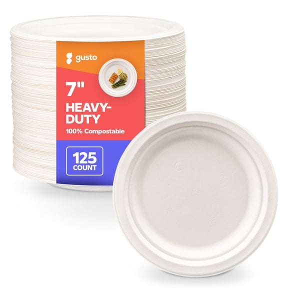GUSTO 7 Inch 100% Compostable White Paper Plates, Eco-Friendly Heavy Duty Disposable Dinnerware, 125 Count