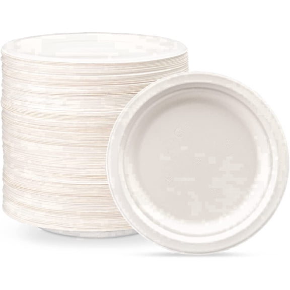 GUSTO 7 Inch 100% Compostable White Paper Plates, Eco-Friendly Heavy Duty Disposable Dinnerware, 125 Count