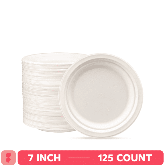 GUSTO 7 Inch 100% Compostable White Paper Plates, Eco-Friendly Heavy Duty Disposable Dinnerware, 125 Count