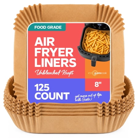 GUSTO 8 -inch Square Air Fryer Liners, Disposable Non-Stick Unbleached Parchment Paper Basket Liners, 125 Count