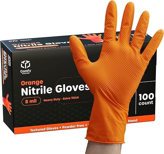 Comfy Package 8 Mil Orange Nitrile Gloves Disposable Latex Free Gloves, Large 100-Pack