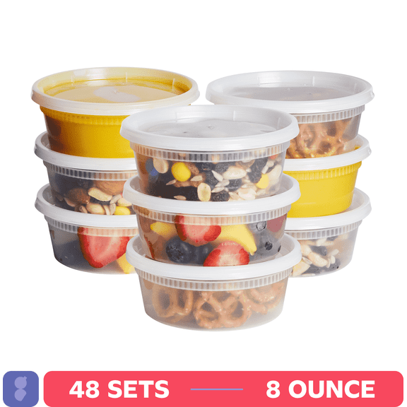 GUSTO Plastic Deli Containers with Lids 48 Set, 8oz Food Storage Containers, Leakproof, BPA Free, Microwave Freezer Dishwasher Safe for Soup, Meal Prep Containers
