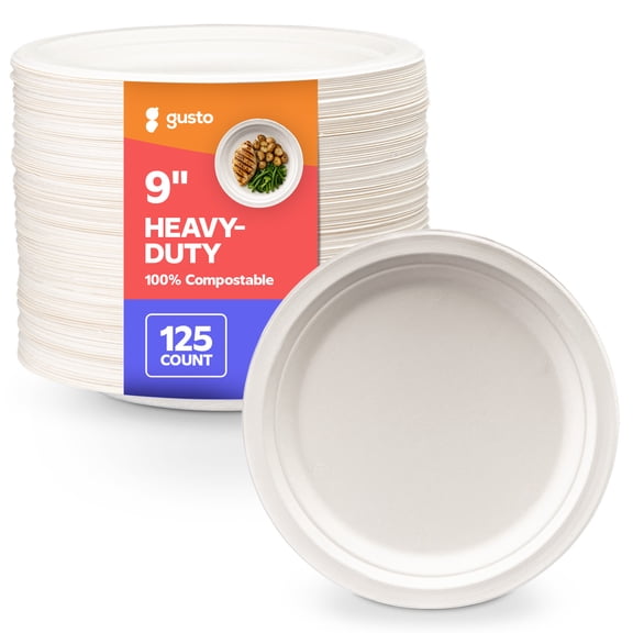 GUSTO 9 Inch 100% Compostable White Paper Plates, Eco-Friendly Heavy Duty Disposable Dinnerware, 125 Count