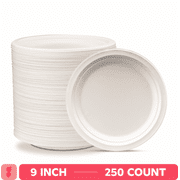 GUSTO 9 Inch 100% Compostable White Paper Plates, Eco-Friendly Heavy Duty Disposable Dinnerware, 250 Count