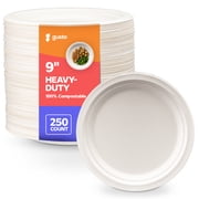 GUSTO 9 Inch 100% Compostable White Paper Plates, Eco-Friendly Heavy Duty Disposable Dinnerware, 250 Count