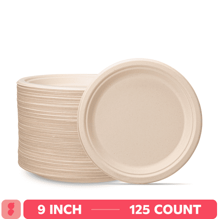 GUSTO 9 Inch 100% Compostable Paper Plates, Eco-Friendly Heavy Duty Disposable Dinnerware, 125 Count