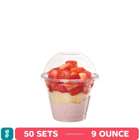 GUSTO 9 oz Clear Plastic Cups with Dome Lids (No Hole), Disposable Cups for Parfaits, Fruit Cups, Desserts & Snacks, 50 Count