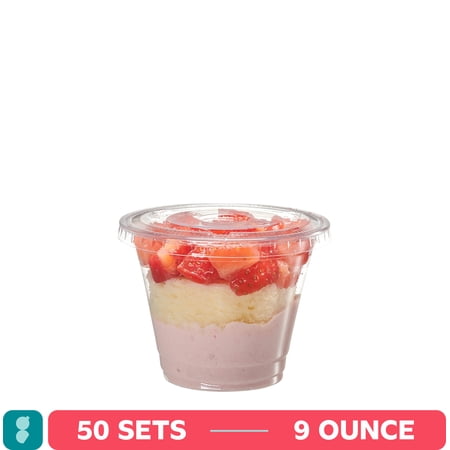 GUSTO 9 oz Clear Plastic Cups with Flat Lids (No Hole), Disposable Cups for Desserts, Fruit Cups, & Snacks, 50 Count