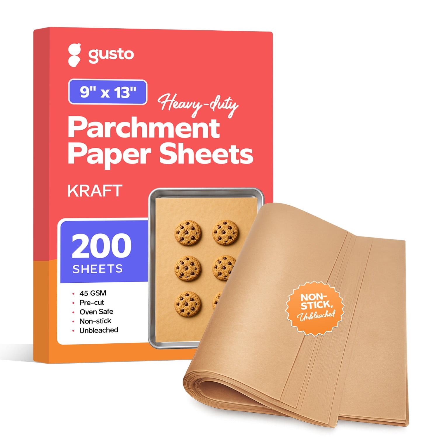 GUSTO, Parchment Paper Sheets, 9x13 inches, Unbleached, 200-pack